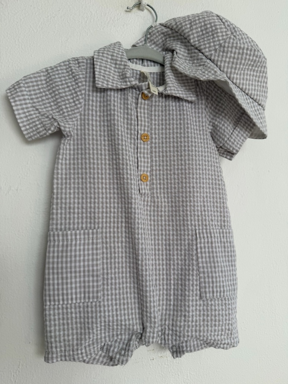 Gray Gingham Kids Matching Set Romper with Hat